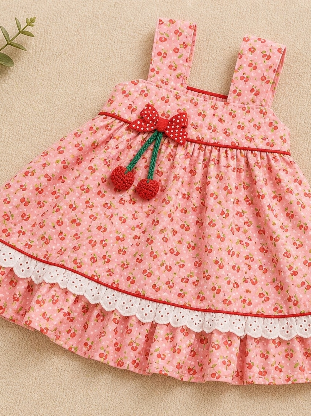 Pink Cherry Print Ruffled Sundress with Bow and Pom Pom Detail